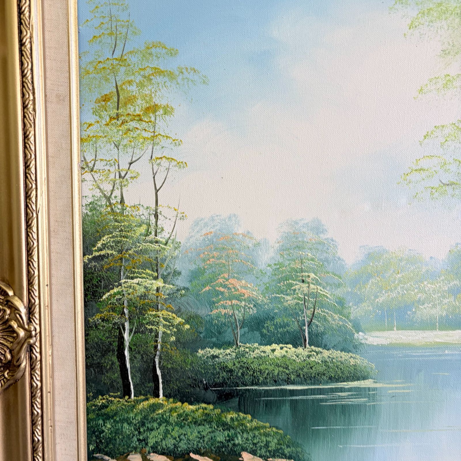 油彩画 1860年頃作 古画 額装 風景画 アンティーク 湖畔風景 #526 油彩