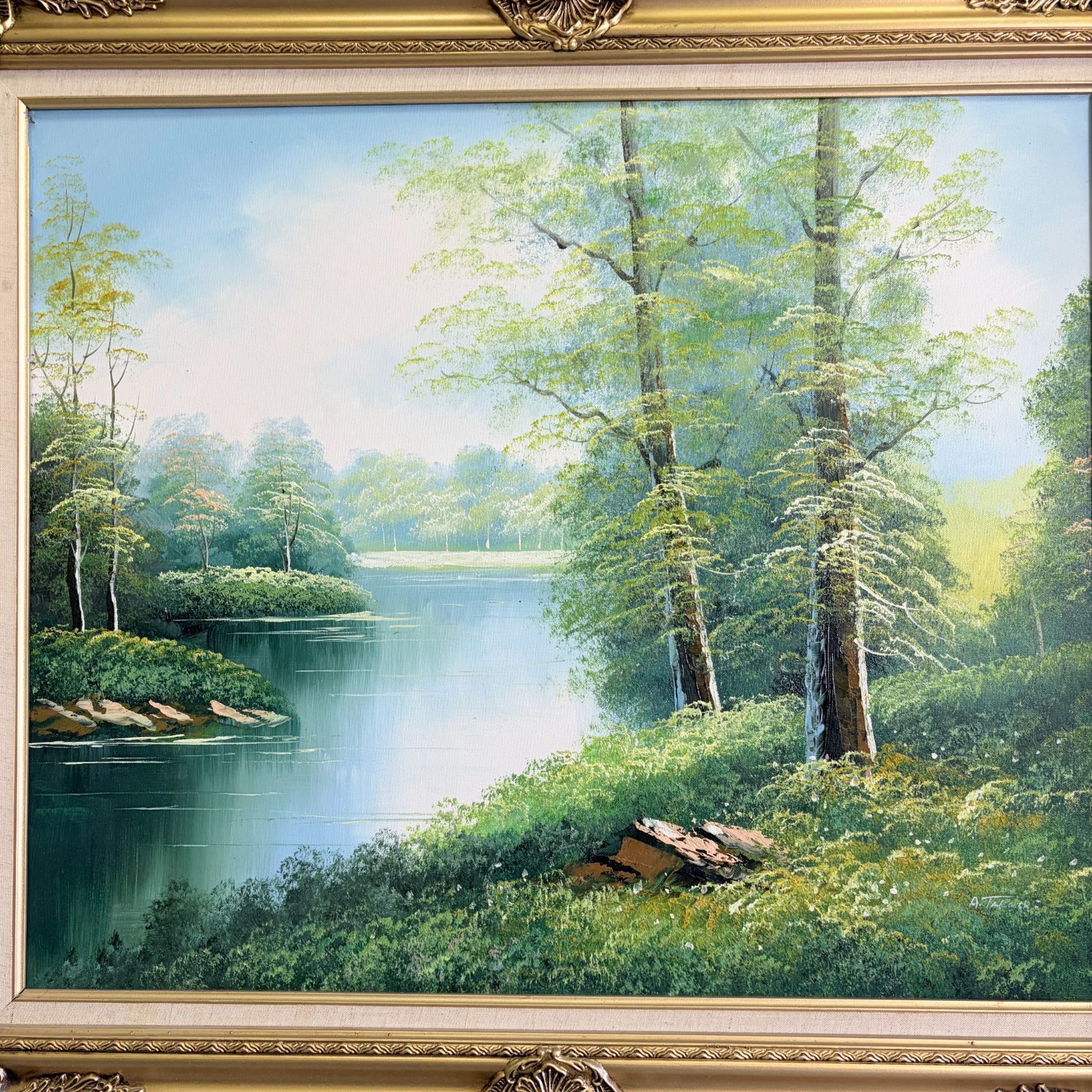 A.Takashi 作・油彩額装絵画「新緑湖畔」/ サイン有 新緑 湖畔 風景画