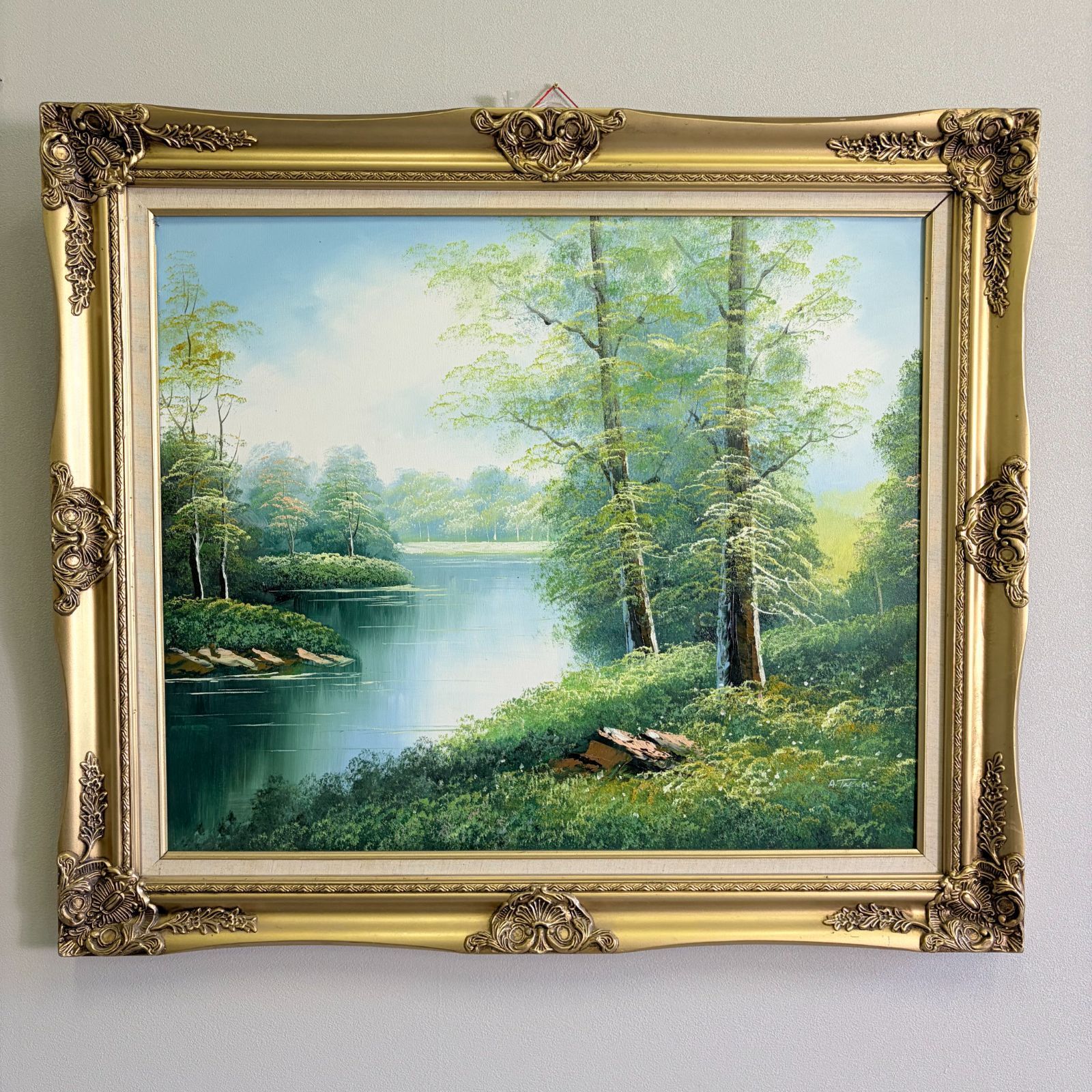 A.Takashi 作・油彩額装絵画「新緑湖畔」/ サイン有 新緑 湖畔 風景画
