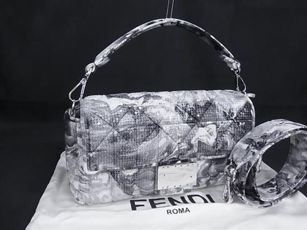 ■極美品■ FENDI フェンディ 8BR796-AFVA バゲット ベロア×スパンコール ワンハンドル 2WAY ハンドバッグ ショルダー グレー系 FQ2058