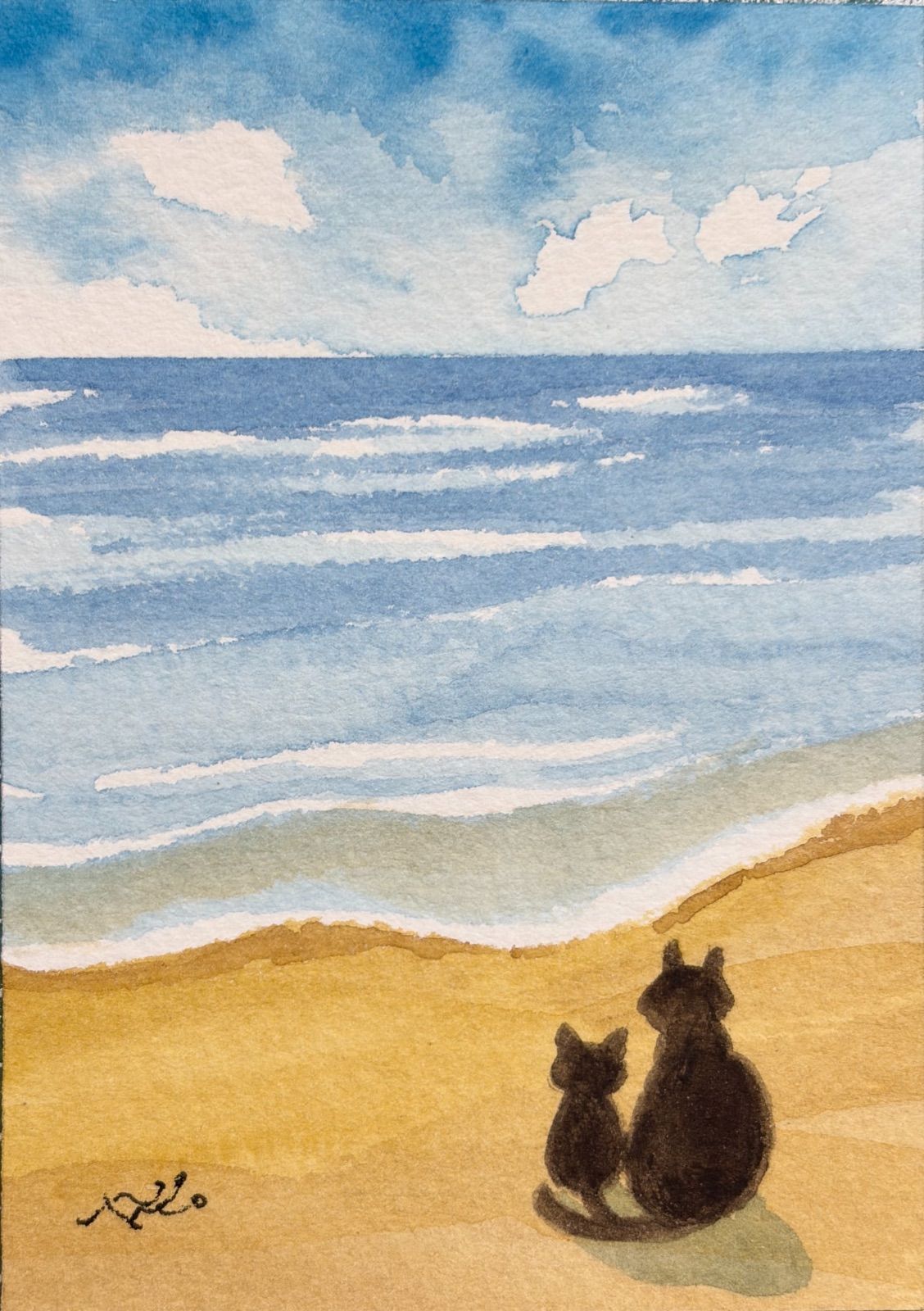親子の海」 水彩画 手描き 原画 猫 海 - メルカリ