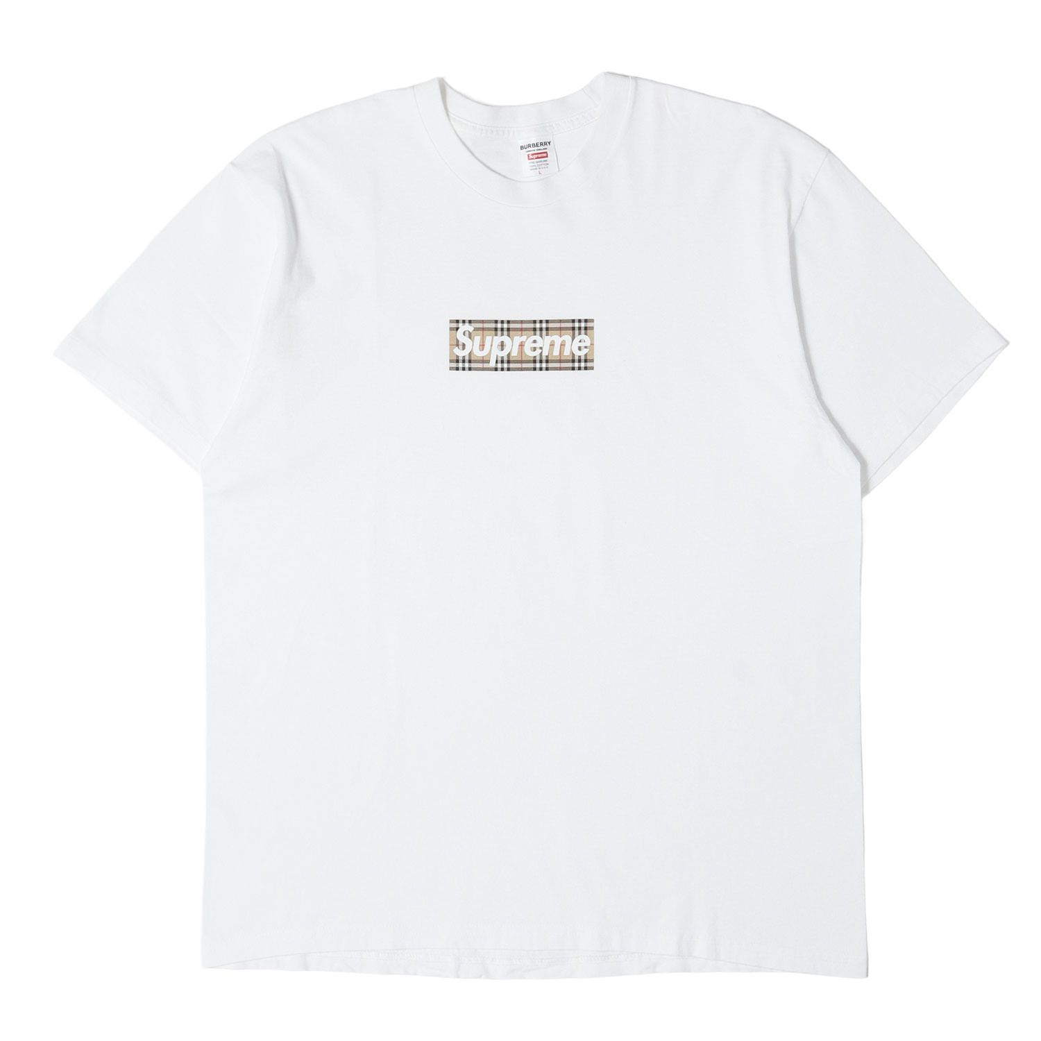 Supreme シュプリーム Tシャツ ホワイト 白 L 22SS BURBERRY ノバチェック BOXロゴ クルーネック Tシャツ Box Logo Tee ボックスロゴ アメリカ製 バーバリー コラボ トップス カットソー 半袖【メンズ】【中古】