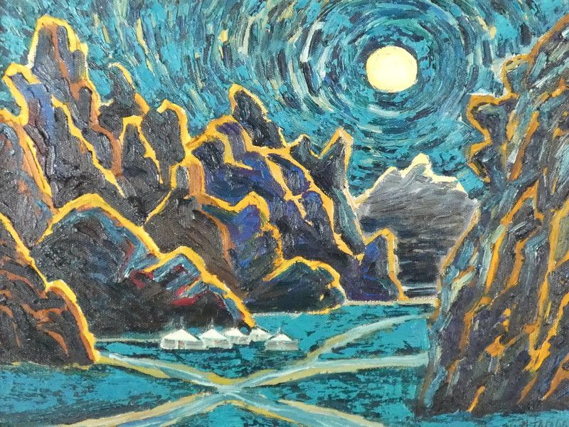 トゥグスオユン「ゴビの名月」F6号 油絵 風景画 /R240
