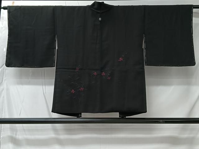 平和屋着物＃羽織　総刺繍　枝花文　黒地　反端付き　正絹　逸品　未使用　CABK0034ua