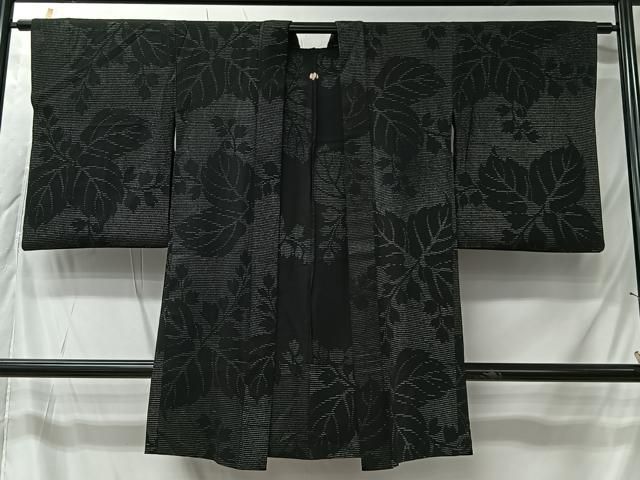 平和屋着物＃長羽織　単衣　寿光織　蔦の葉文　黒地　銀糸　正絹　逸品　CABK0036ua