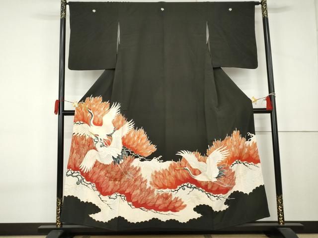 平和屋着物●アンティーク　大正ロマン　黒留袖　刺繍　飛鶴立波松文　金糸　金彩　正絹　逸品　AABK8599cs 26,572円
