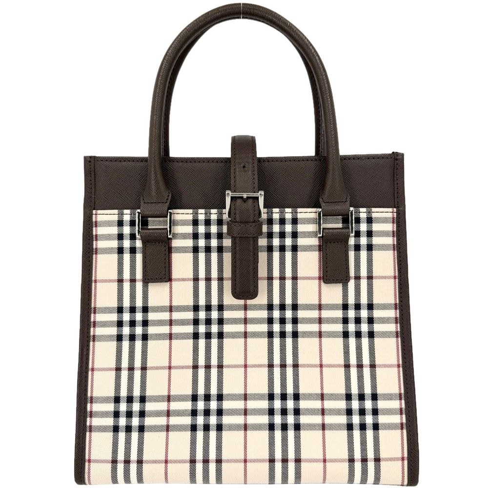 バーバリー ハンドバッグ レディース ノバチェック トートバッグ BURBERRY レザー キャンバス ベージュ ブラウン 茶 シルバー金具 美品【中古品】