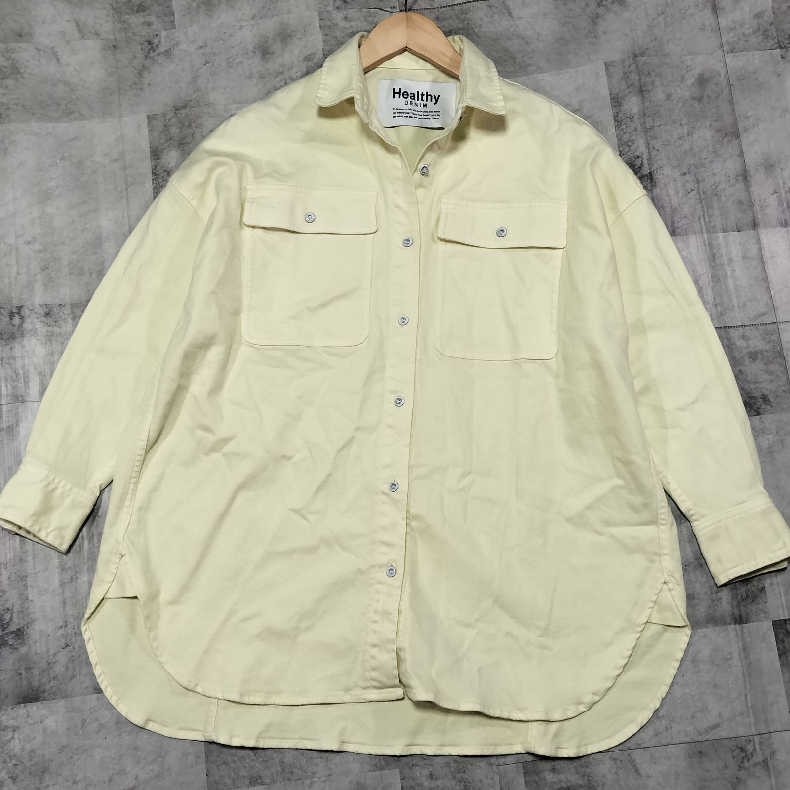 【2026春夏】Healthy DENIM Almondビックシャツ　サイズ0 Мサイズ相当 イエロー オーバーサイズ 長袖シャツ 羽織り ストレッチ素材