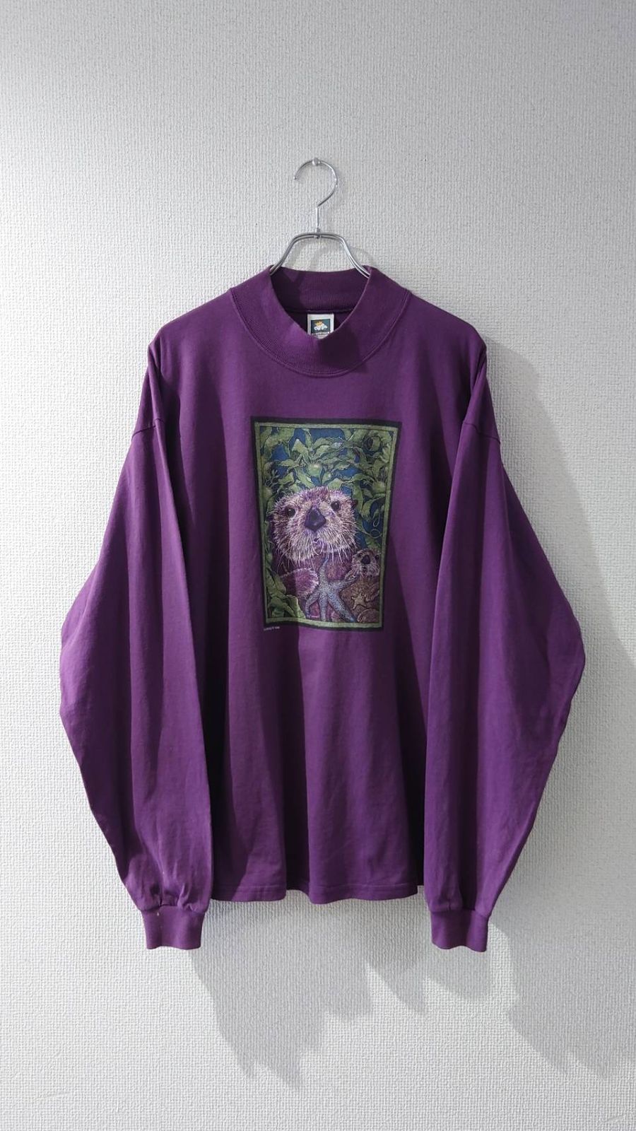 90’s ONEITA COTTON DELUXE “K.POVELITE” sea otter print Mock Neck Long-sleeve T-Shirt XL