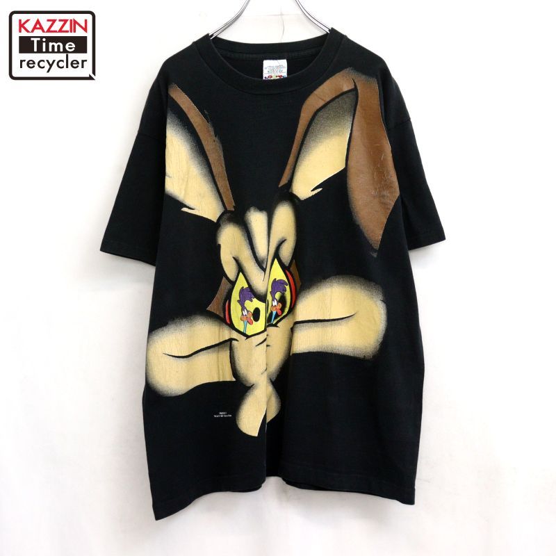 90s USA製 vintage ワイリー・コヨーテ Wile E. Coyote ロードランナー ブラックアウト 大判プリント 半袖Ｔシャツ メンズ 表記Lサイズ