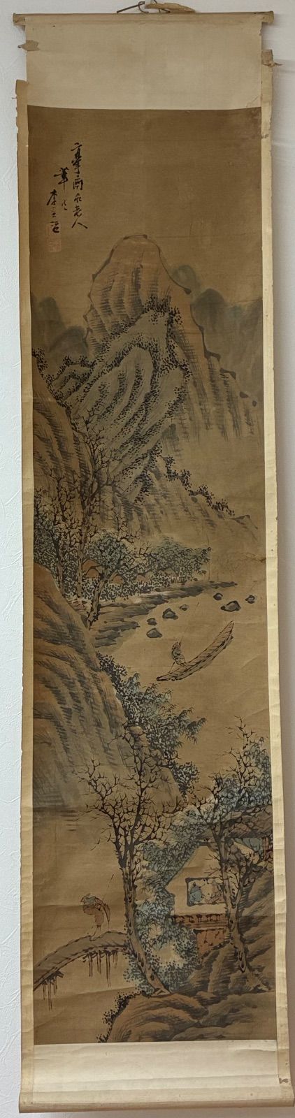 『水墨山水画賛』 梁川星巌 掛軸 山水図 高士対谈図 幕末漢詩人 江戸時代