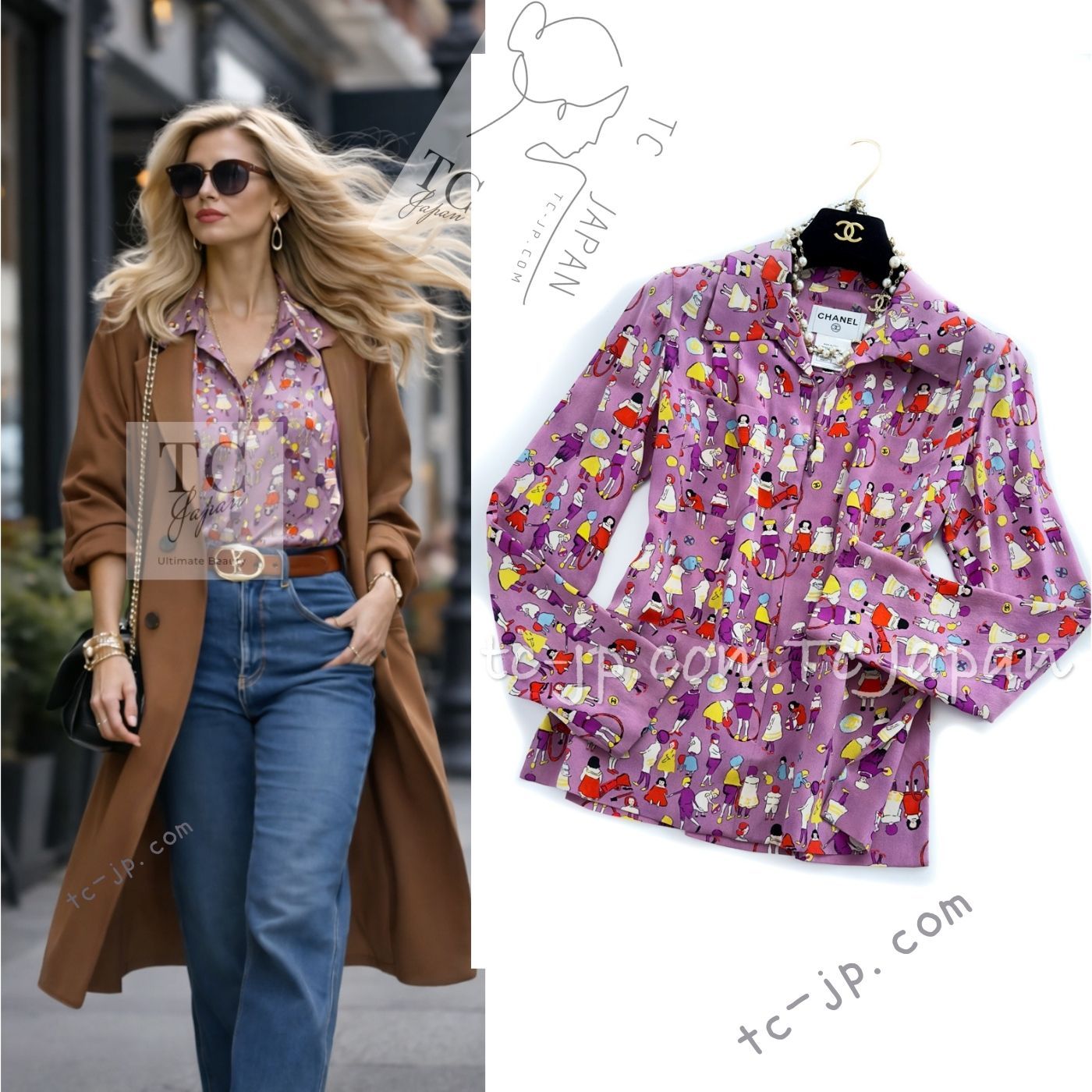 シャネル ブラウス シャツ トップス CHANEL ヴィンテージ パープル イラスト柄 シルク カールラガーフェルド 貴重 超美品 36 38