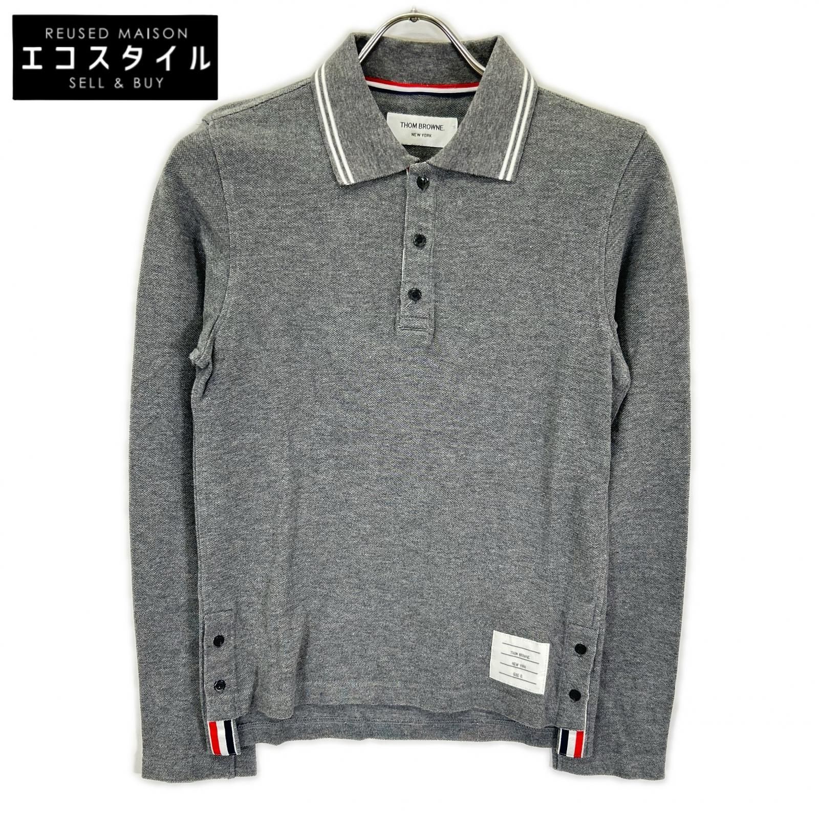 THOM BROWNE　トムブラウン　グレー トリコロール ロングスリーブ ポロシャツ　0