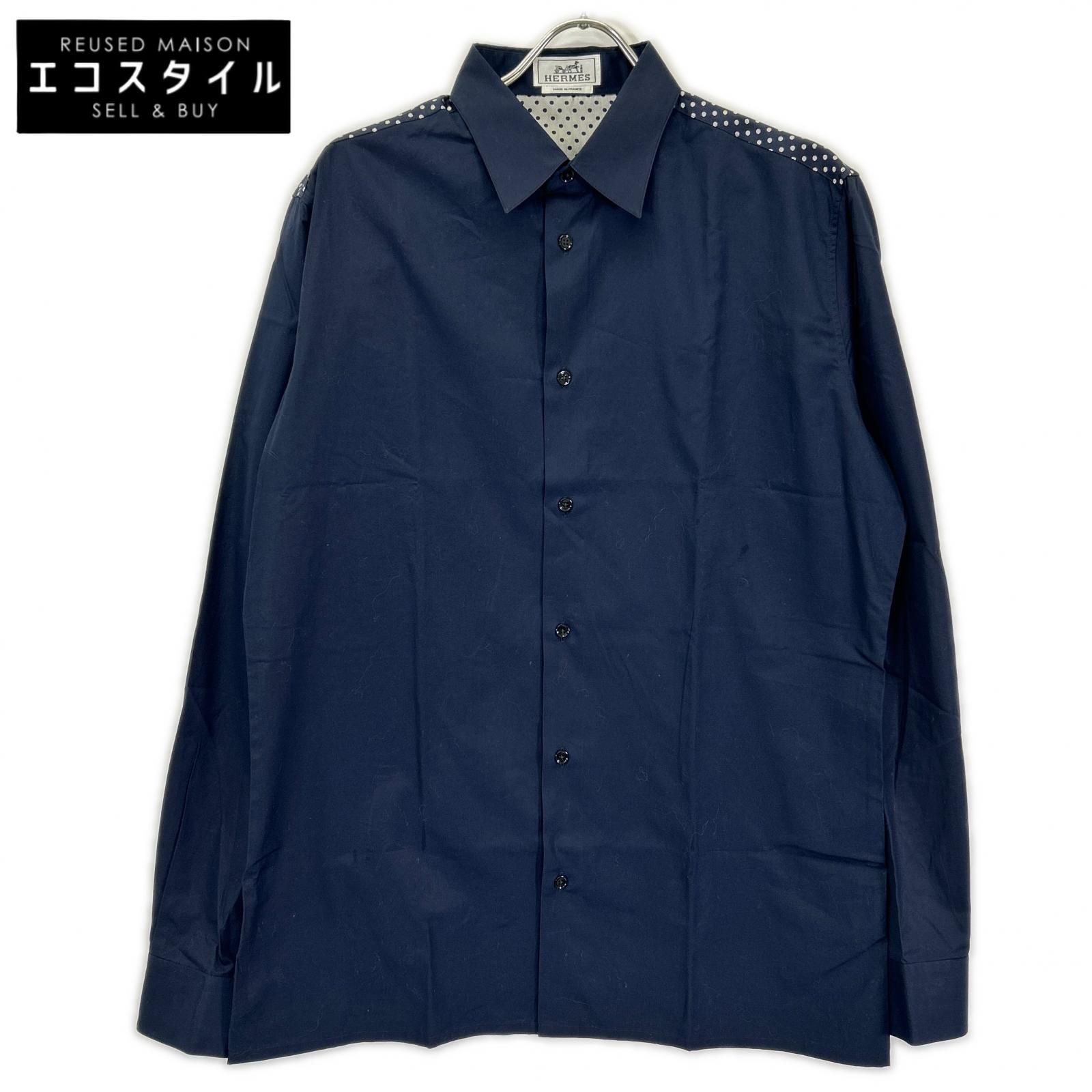 HERMES　エルメス　ネイビー シャツ ドット柄 コットン シャツ　41 27,641円