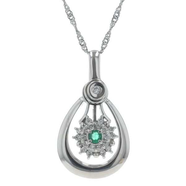 Pt900 Pt850 プラチナ ネックレス ダイヤモンド0.16ct エメラルド0.07ct 取り巻き ドロップ ムービング 40cm【新品仕上済】【zz】【中古】