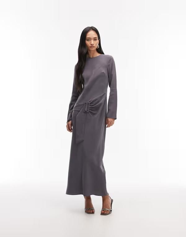 エイソス レディース トップス ワンピース マキシ ASOS DESIGN slash neck drop waist belted maxi dress in charcoal Gray グレー