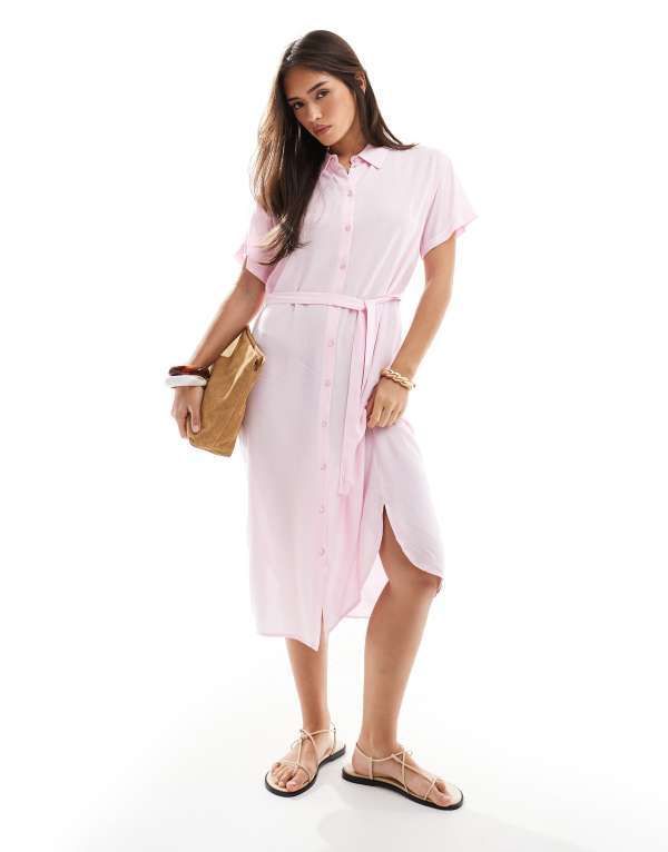ヴェロモーダ レディース トップス ワンピース シャツワンピース ミディ シャツ Vero Moda midi shirt dress with tie belt Pink a boo ピンク