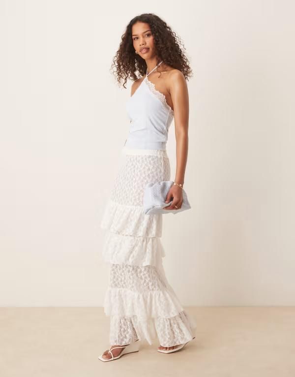 エイソス レディース ボトムス スカート ティアード レース マキシ ASOS DESIGN lace tiered maxi skirt White ホワイト