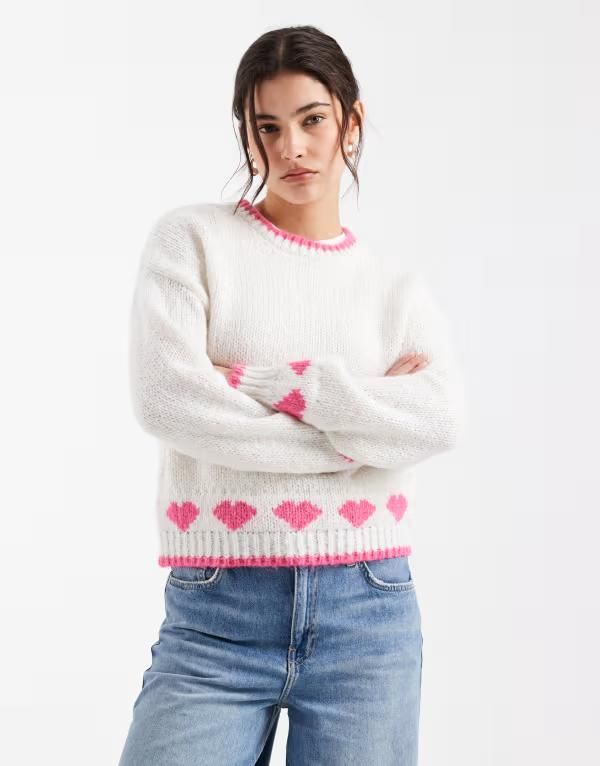 ピーシーズ レディース アウター ニット・セーター プリント Pieces pink love heart print sweater Cloudancer Sugar ホワイト 10,991円