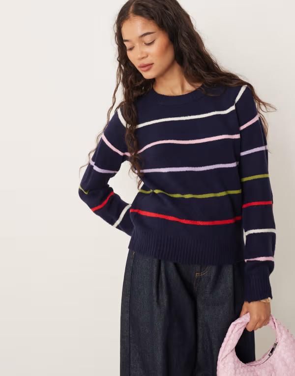ブレーブソウル レディース アウター ニット・セーター クルーネック セーター ニット Brave Soul knit crew neck sweater with multi stripe NAVY