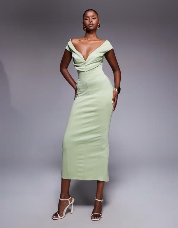 エイソス レディース トップス ワンピース ミディ ASOS DESIGN sculpted off the shoulder midi pencil dress in sage Lint グリーン