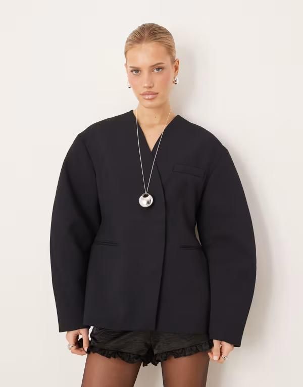 エイソス レディース アウター ジャケット・ブルゾン ブレザー ASOS DESIGN collarless cinch waist blazer navy ネイビー