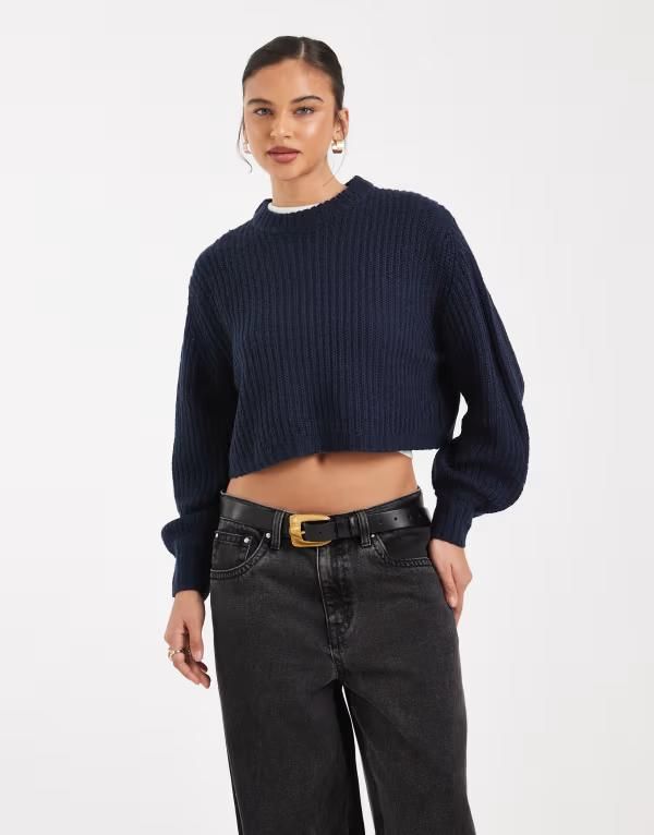 スリードベア レディース アウター ニット・セーター リブニット クルーネックロップド Threadbare cropped rib knit crew neck sweater NAVY ネイビー
