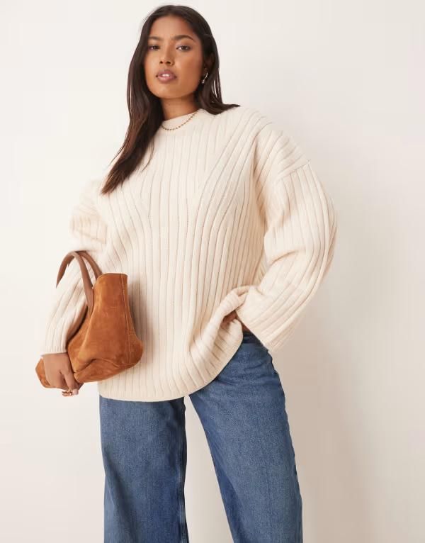 エイソス レディース アウター ニット・セーター クルーネック リブ セーター ASOS Curve ASOS DESIGN Curve longline crew neck ribbed sweat