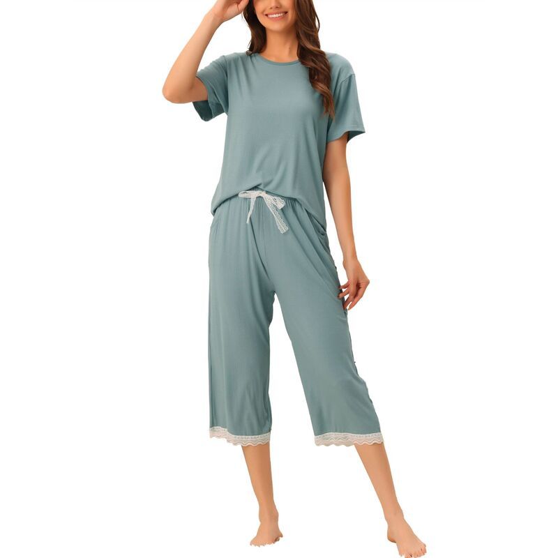cheibear レディース アンダーウェア ナイトウェア レーストリム レース cheibear Womens Modaloose Summer Pajama Set Lace Trim Short