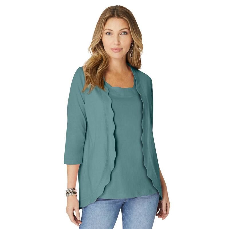 ロアマンズ レディース アウター ニット・セーター プラスサイズ カーディガン Roamans Womens Plusize Scalloped Cardigand Tank Set Cool Sag