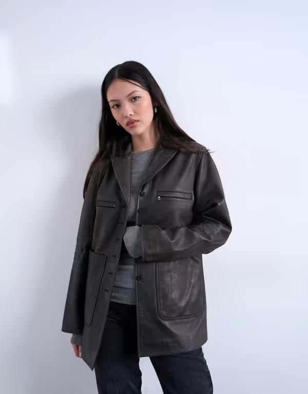 トップショップ レディース アウター コート ブレザー Topshopremium realeather blazer with patch pockets in washed Black ブラック