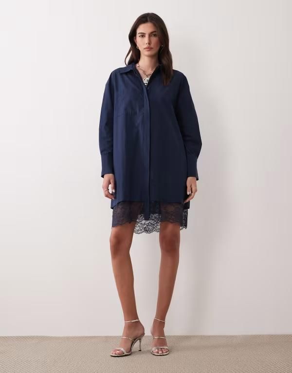 エイソス レディース トップス ワンピース レーストリム シャツ レース ASOS DESIGN shirt dress with lace trim NAVY ネイビー