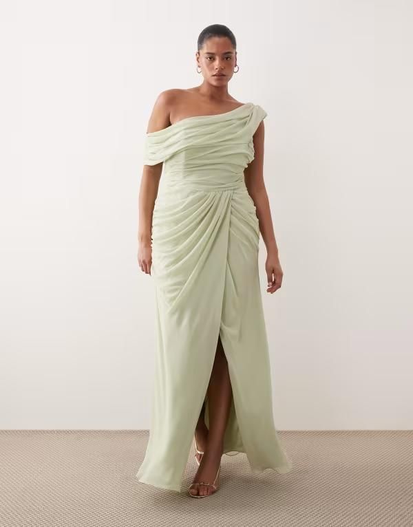 エイソス レディース トップス ワンピース シフォン ドレープ ワンショルダー スカート ASOS Curve ASOS DESIGN Curve Bridesmaid chiffon draped