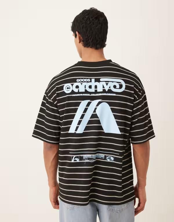 エイソス メンズ トップス Tシャツ グラフィック ASOS DESIGN oversized Tshirt with archive graphic textured stripe Black st