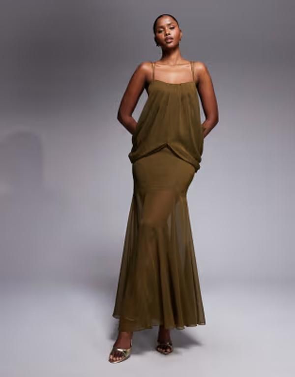 エイソス レディース トップス ワンピース ドレープ スカート マキシ ASOS DESIGN draped cami maxi dress with godet skirt Khaki カーキ