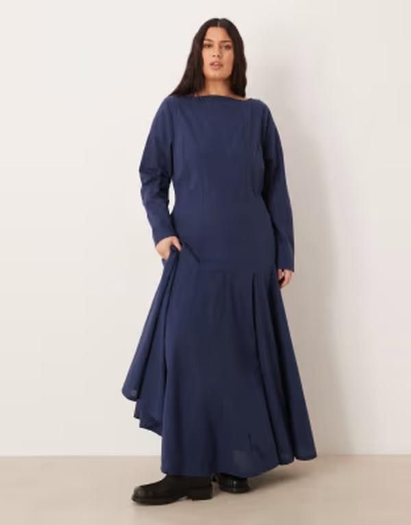 エイソス レディース トップス ワンピースカート マキシ ASOS Curve ASOS DESIGN Curve slash neck maxi dress with full skirt Navy