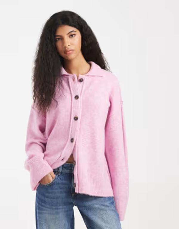 エイソス レディース アウター ニット・セーター シャツ カーディガン ASOS DESIGN knit collar shirt cardigan with seam detail pink ピンク 13,634円
