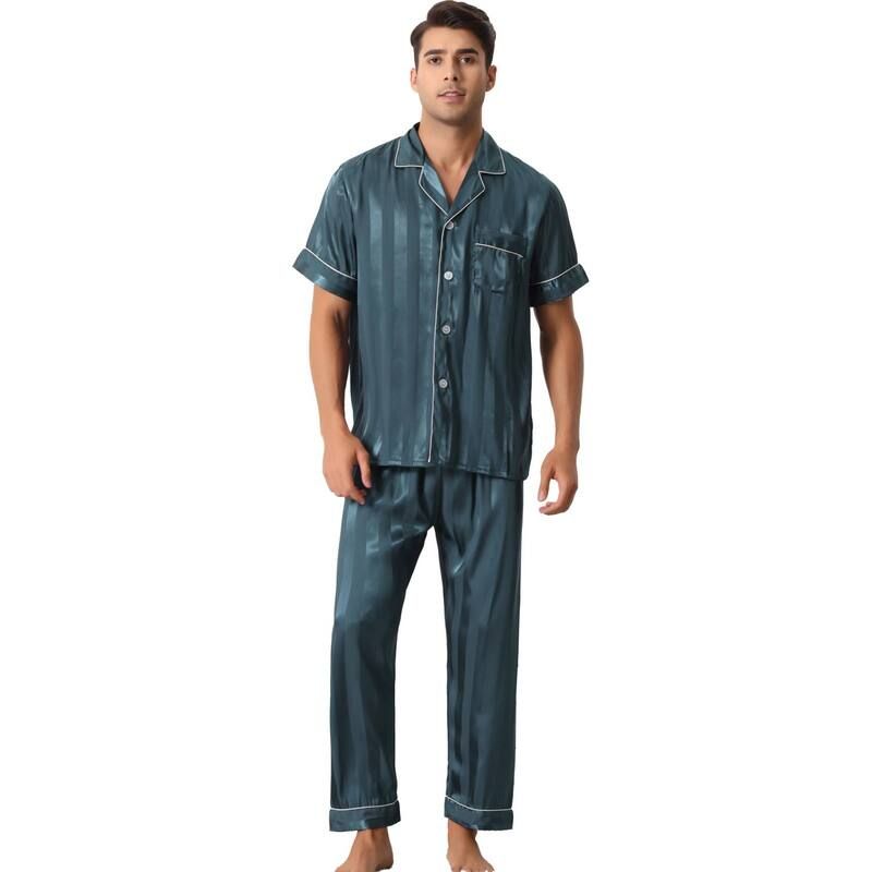 cheibear レディース アンダーウェア ナイトウェア ボタンダウン パンツ サテン ダウン cheibear Men Striped Satin Button Down Short Sleeve