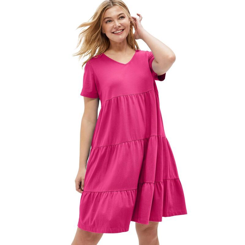 Ellos レディース トップス ワンピース ティアード A ライン プラスサイズ コットン ellos Plusize Cotton Spandex Scoop Neck Short Sleeve