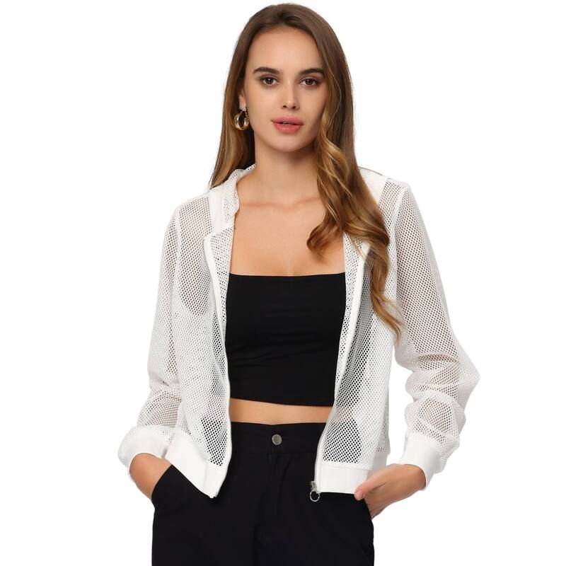 アレグラ ケー レディース アウター ジャケット・ブルゾン メッシュ パーカー ALLEGRA K Hoodie Mesh Bomber Jacket White ホワイト