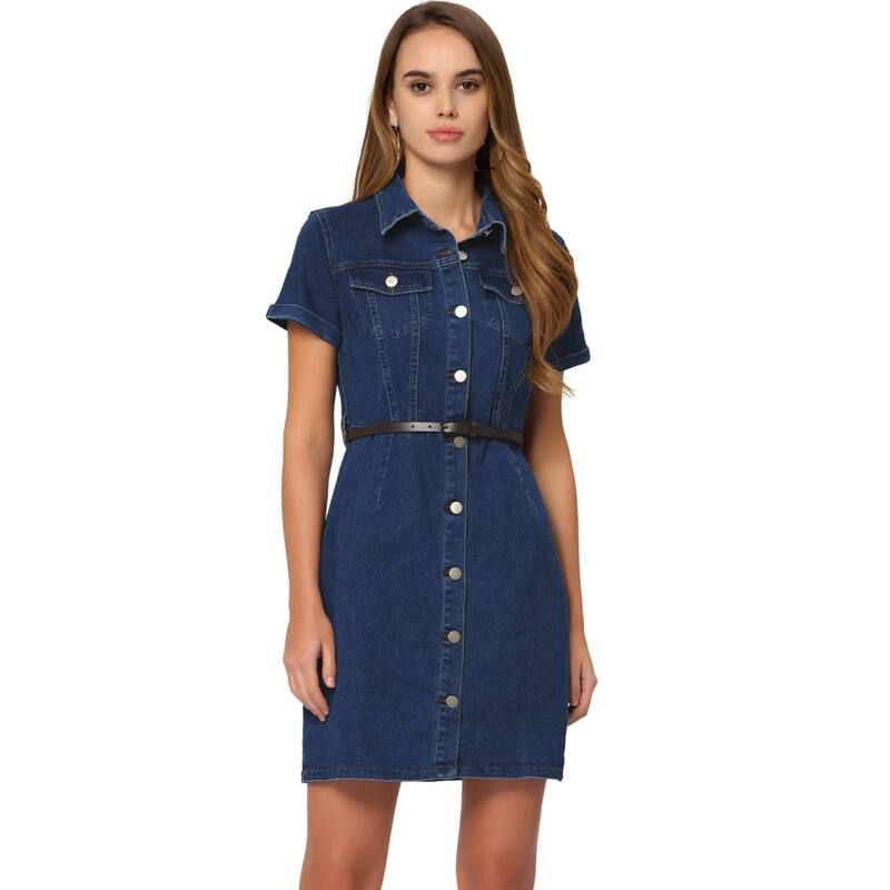 アレグラ ケー レディース トップス ワンピース シャツ デニム ALLEGRA K Womens Denim Shirt Dress Collar Short Sleeve Belted Butto 18,091円