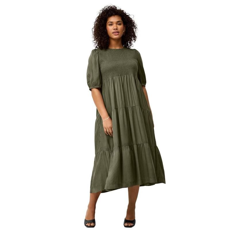 Ellos レディース トップス ワンピース プラスサイズ ミディ シャーリング ellos Plusize Short Sleeve Smocked Bodice Midi Dress Burnt