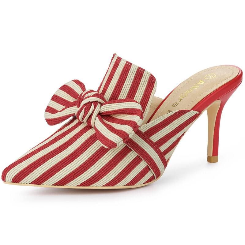 アレグラ ケー レディース シューズ サンダル ヒール ALLEGRA K Womenstripe Bow Slip on Stiletto Heel Slides Mules Red レッド