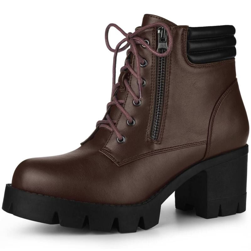 アレグラ ケー レディース シューズ ブーツ・レインブーツ レース ヒール ALLEGRA K Womens Round Toe Chunky Heelace Up Zipper Combat Boo