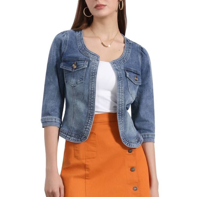 アレグラ ケー レディース アウター ジャケット・ブルゾン デニム ALLEGRA K Womens Jean Jacket Collarless 34 Sleeve Denim Jackets Wa