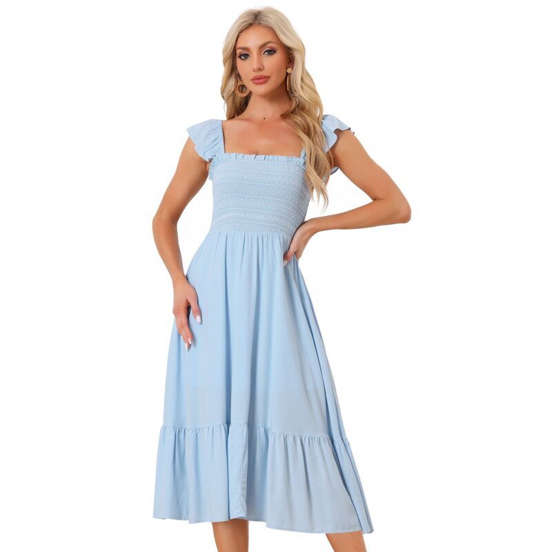 アレグラ ケー レディース トップス ワンピース ティアード フリル ミディ ノースリーブ シャーリング ALLEGRA K Womensmocked Sundress Casual Square N