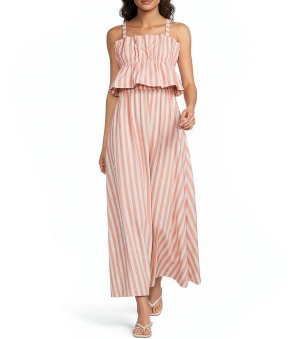 スカイズアブルー レディース トップス ワンピース A ライン プチ プリント ノースリーブ マキシ Skies Are Blue Petite Size Stripe Print Square Ne