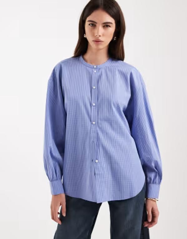 アンドアザーストーリーズ レディース トップス シャツ Other Stories collarless check shirt with volume sleeves check Blue chec