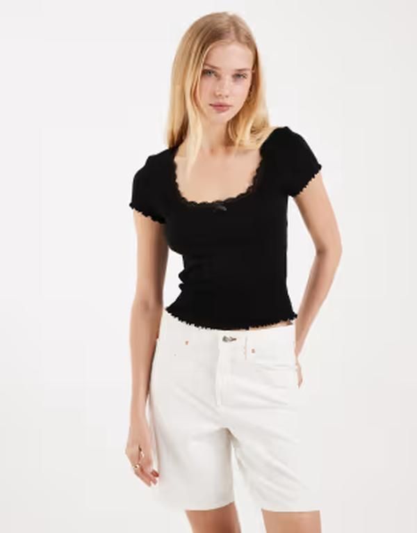 ミスセルフフリッジ レディース トップス Tシャツ レーストリム レース Misselfridge pointelle square neck lace trim tee Black ブラック