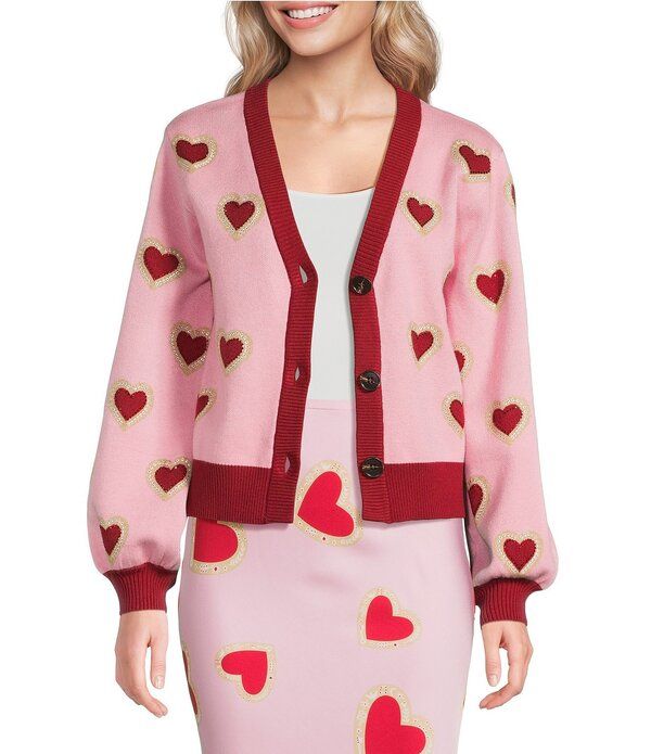 ネバーフリードレスド レディース アウター ニット・セーター Vネック カーディガン Never Fully Dressed Pink Hearts VNeck Long Sleeve Cardiga